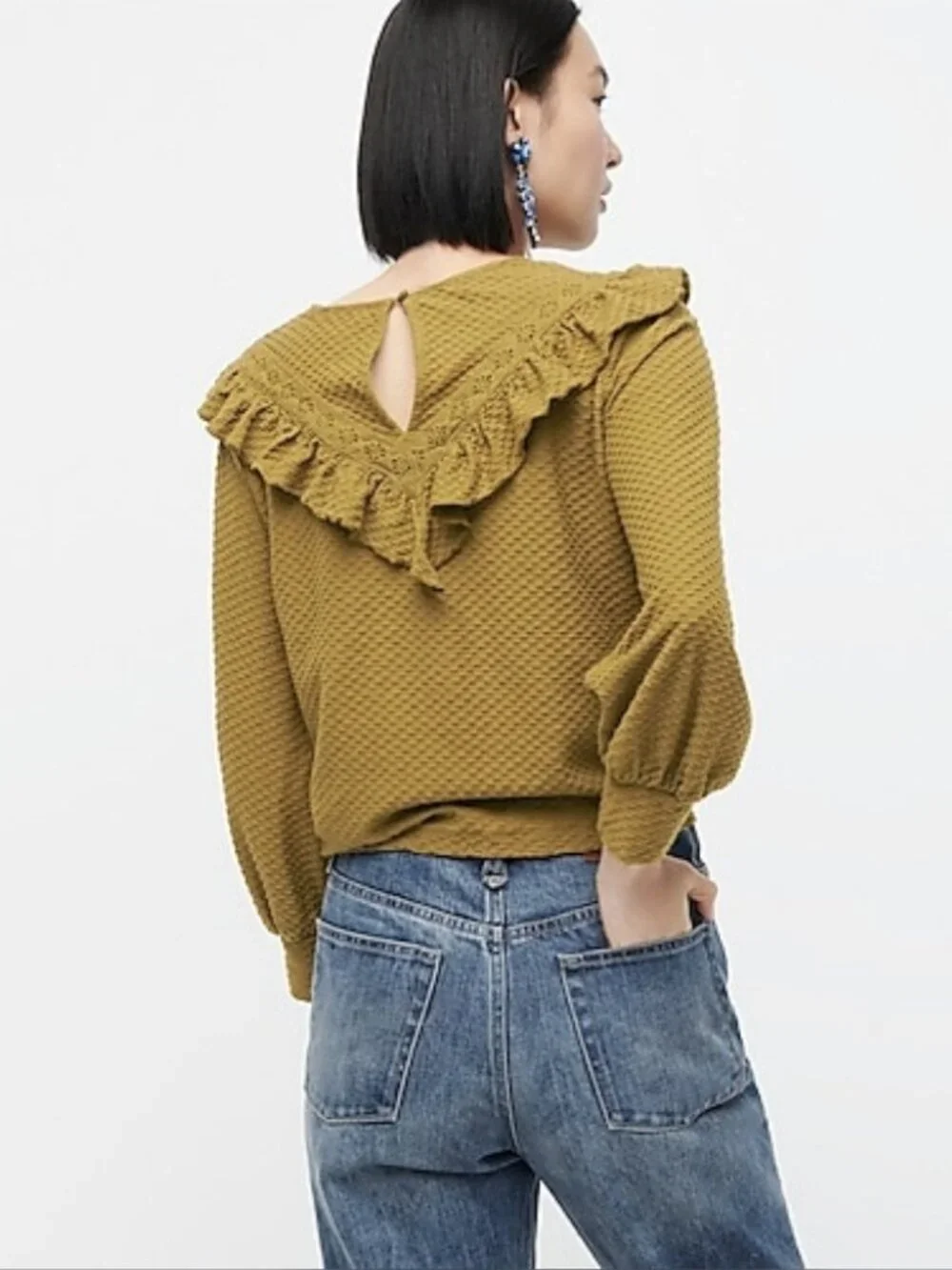 J. Crew Ruffle-Trim Honeycomb-Knit Cotton Top Cypress Olive XS #A3085